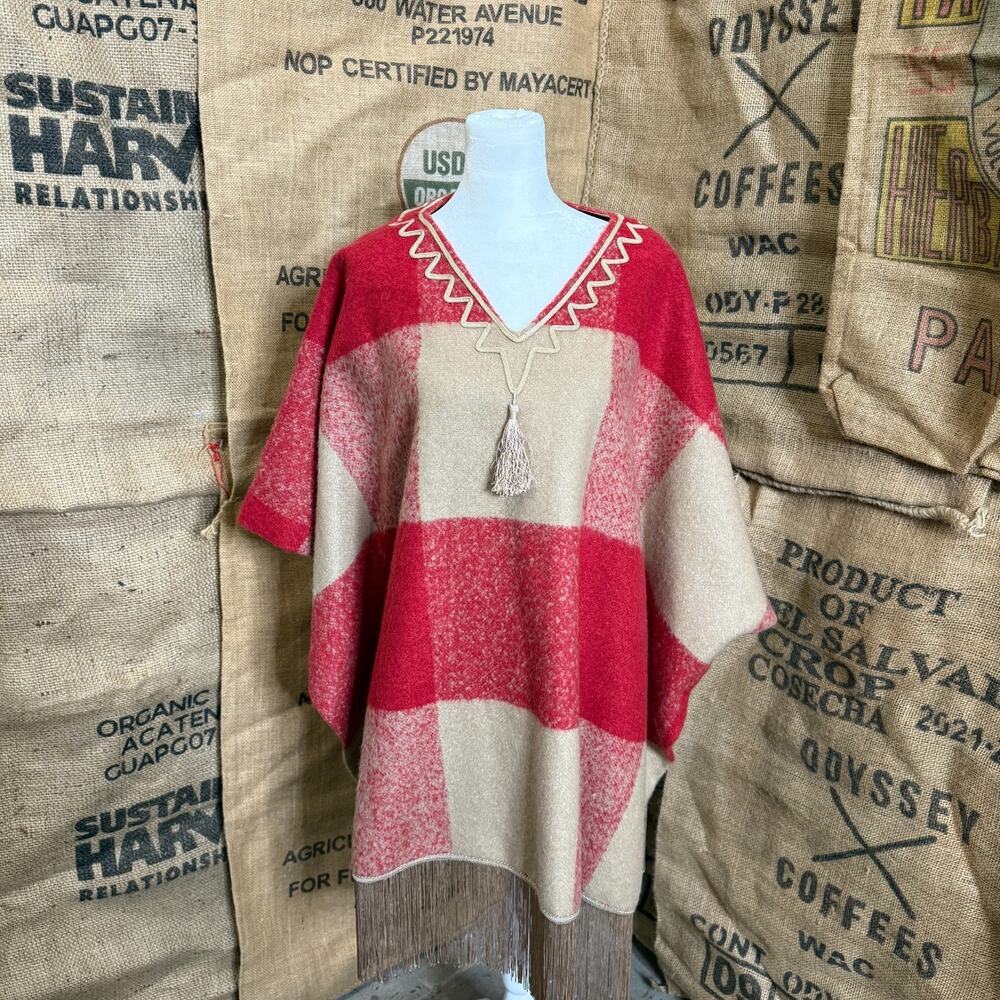 Adam Lippes Wool Blend Poncho Red Beige Womens S/M Check Pattern Tassel Accent